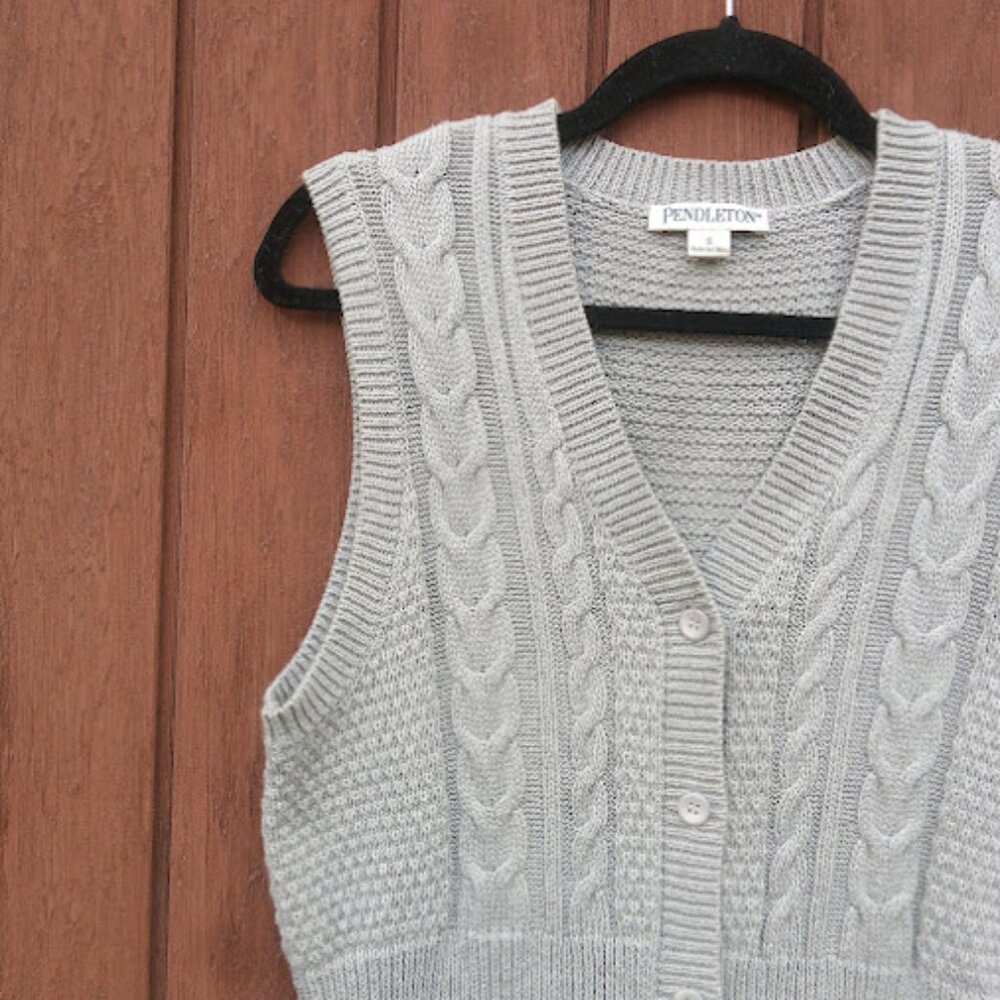 Pendleton | Grey Cable Knit Button Up Sweater Ves… - image 6